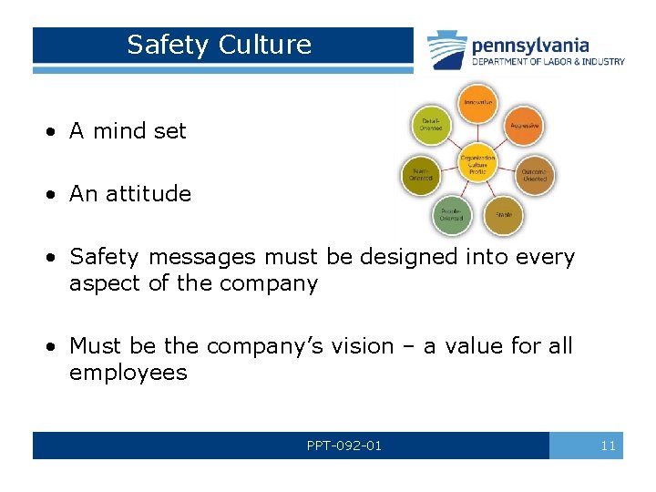 Safety Culture • A mind set • An attitude • Safety messages must be