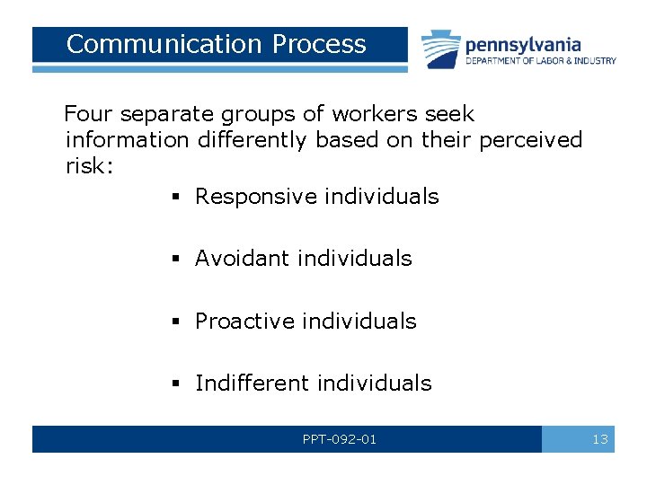 Communication Process Four separate groups of workers seek information differently based on their perceived