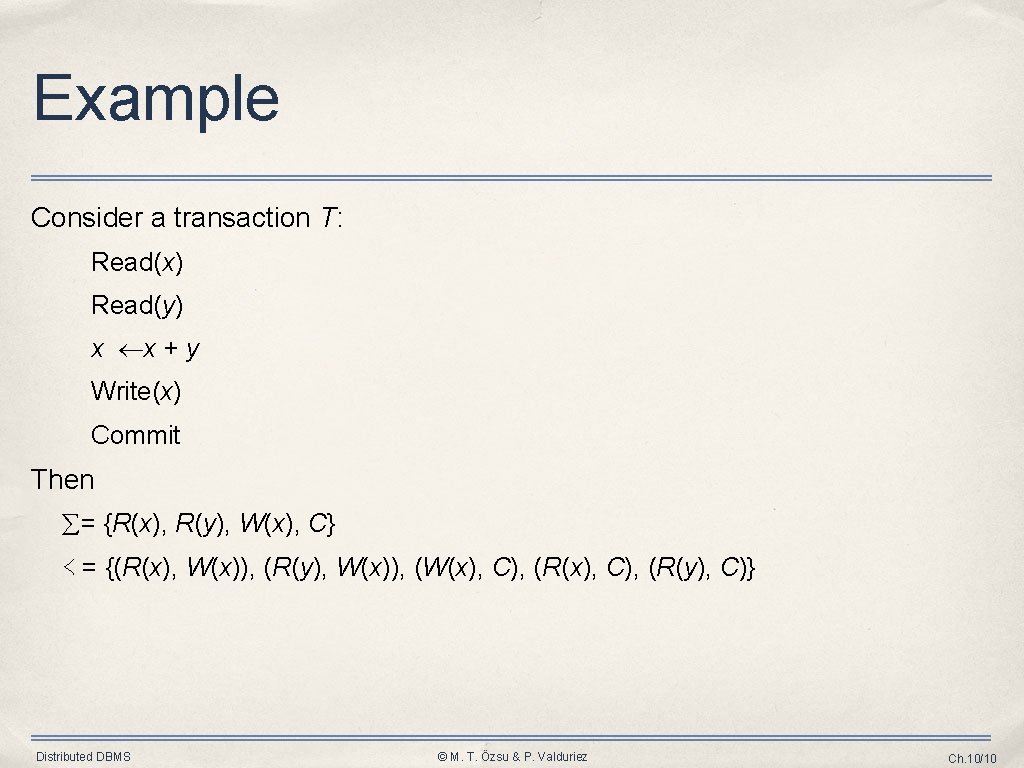 Example Consider a transaction T: Read(x) Read(y) x x + y Write(x) Commit Then