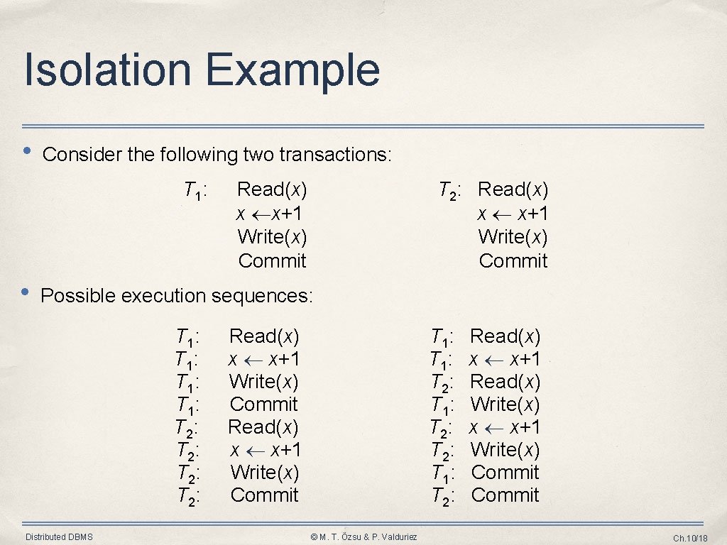 Isolation Example • Consider the following two transactions: T 1: • Read(x) x x+1 Isolation Example • Consider the following two transactions: T 1: • Read(x) x x+1