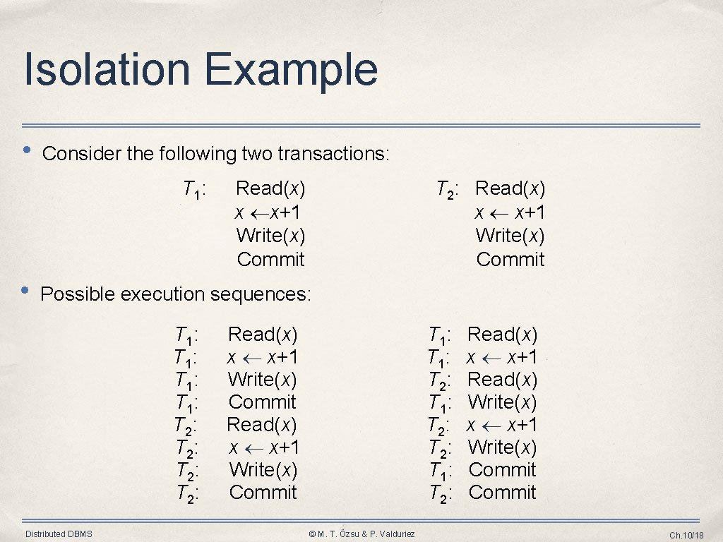 Isolation Example • Consider the following two transactions: T 1: • Read(x) x x+1