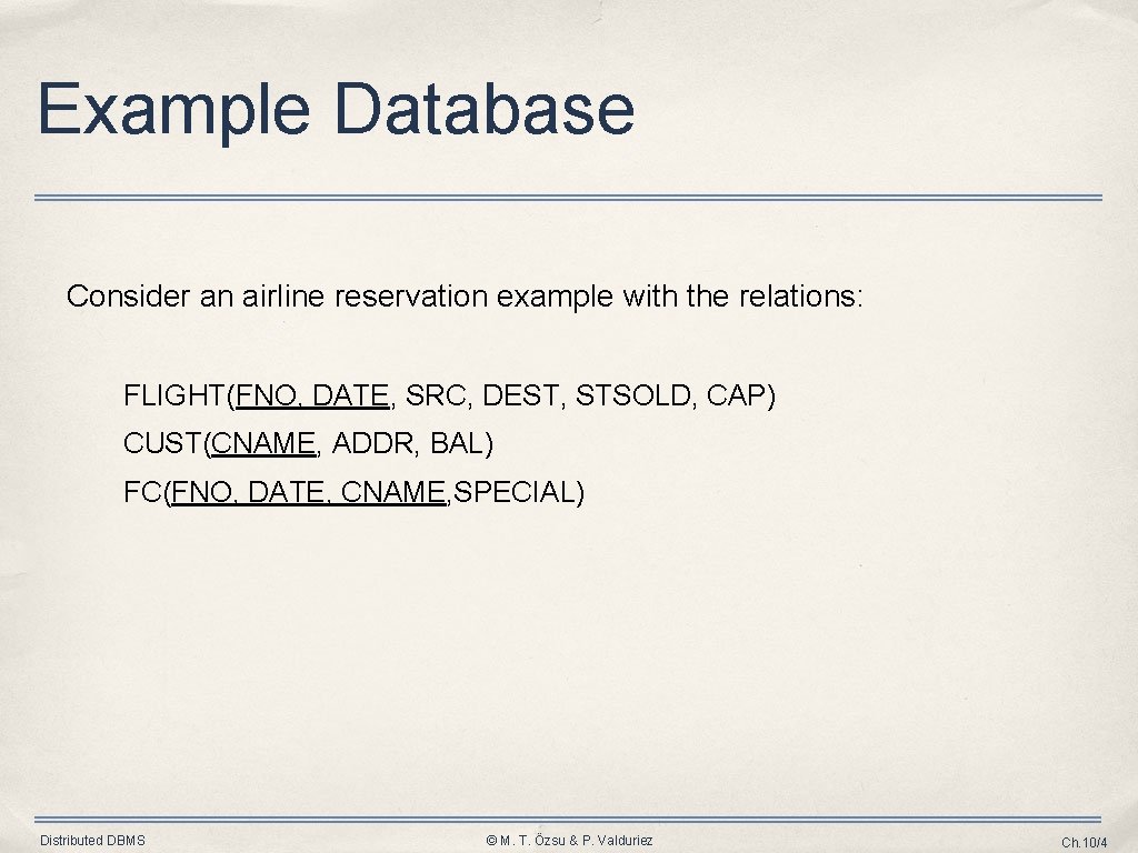 Example Database Consider an airline reservation example with the relations: FLIGHT(FNO, DATE, SRC, DEST,