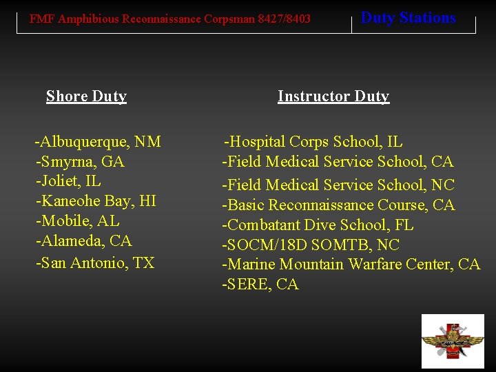 FMF Amphibious Reconnaissance Corpsman 8427/8403 Shore Duty -Albuquerque, NM -Smyrna, GA -Joliet, IL -Kaneohe