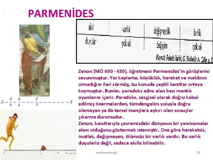 PARMENİDES Zenon (MÖ 490 - 430), öğretmeni Parmenides’in görüşlerini savunmuştur. Yer kaplama, büyüklük, hareket
