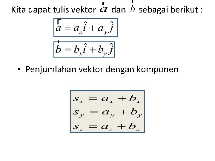 Kita dapat tulis vektor dan sebagai berikut : • Penjumlahan vektor dengan komponen 