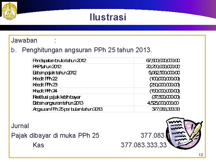 Ilustrasi Jawaban : b. Penghitungan angsuran PPh 25 tahun 2013. Jurnal Pajak dibayar di