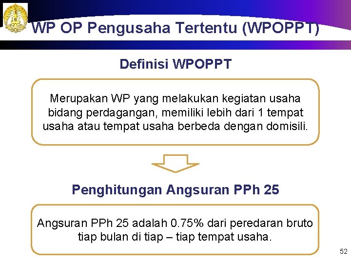 WP OP Pengusaha Tertentu (WPOPPT) Definisi WPOPPT Merupakan WP yang melakukan kegiatan usaha bidang