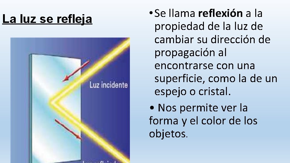 La luz se refleja • Se llama reflexión a la propiedad de la luz