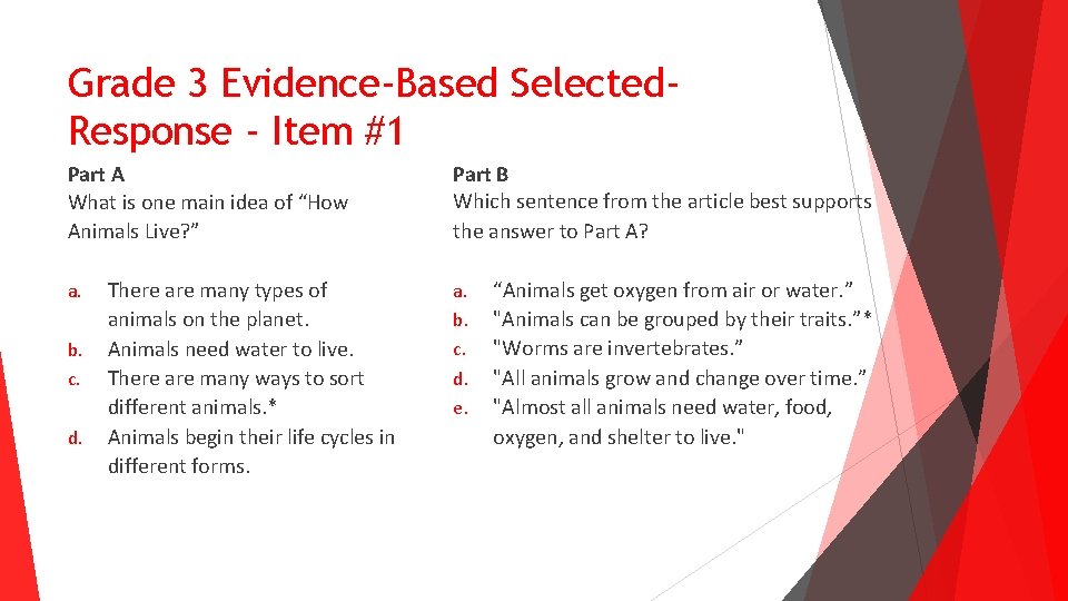 Grade 3 Evidence-Based Selected. Response - Item #1 Part A What is one main Grade 3 Evidence-Based Selected. Response - Item #1 Part A What is one main