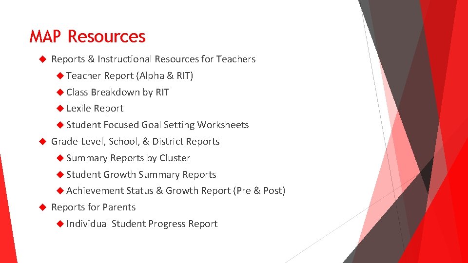 MAP Resources Reports & Instructional Resources for Teachers Teacher Report (Alpha & RIT) Class MAP Resources Reports & Instructional Resources for Teachers Teacher Report (Alpha & RIT) Class