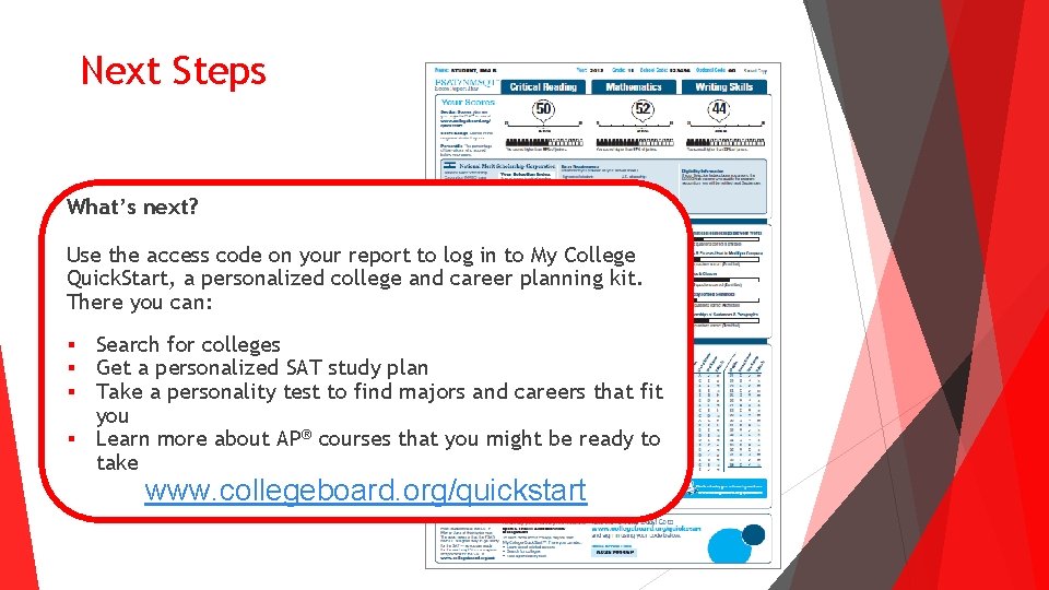 Next Steps What’s next? Use the access code on your report to log in Next Steps What’s next? Use the access code on your report to log in
