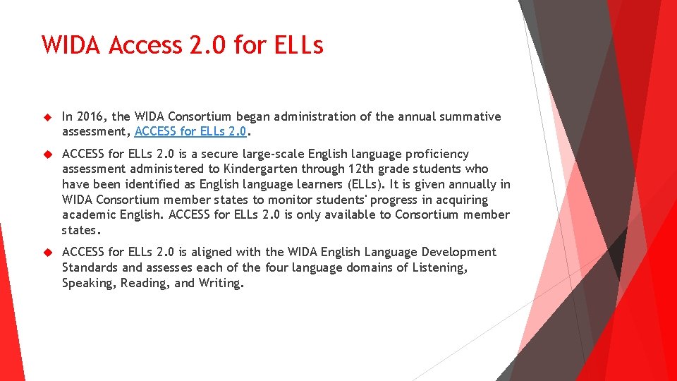 WIDA Access 2. 0 for ELLs In 2016, the WIDA Consortium began administration of WIDA Access 2. 0 for ELLs In 2016, the WIDA Consortium began administration of