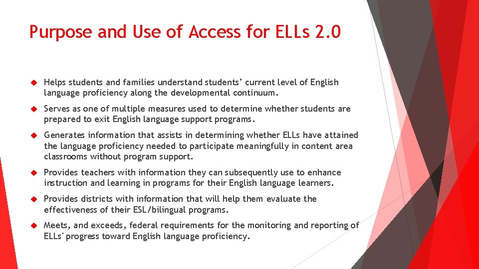 Purpose and Use of Access for ELLs 2. 0 Helps students and families understand Purpose and Use of Access for ELLs 2. 0 Helps students and families understand