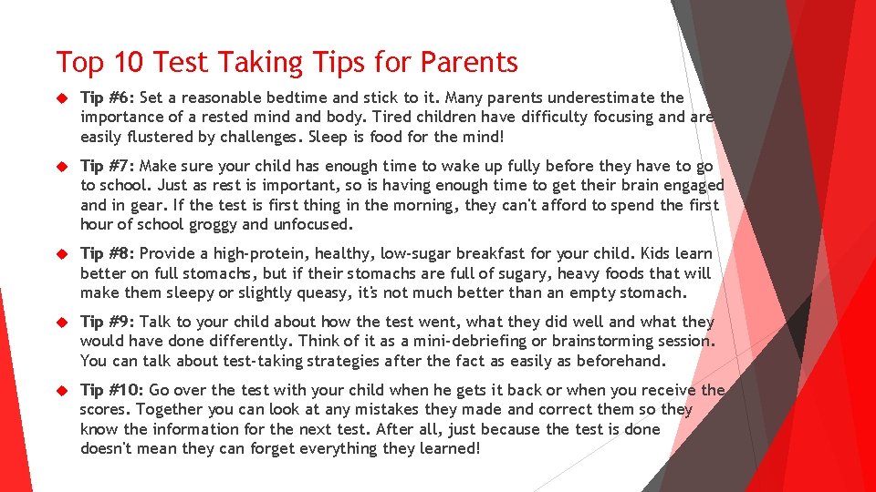 Top 10 Test Taking Tips for Parents Tip #6: Set a reasonable bedtime and Top 10 Test Taking Tips for Parents Tip #6: Set a reasonable bedtime and