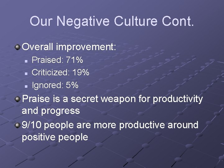 Our Negative Culture Cont. Overall improvement: n n n Praised: 71% Criticized: 19% Ignored: