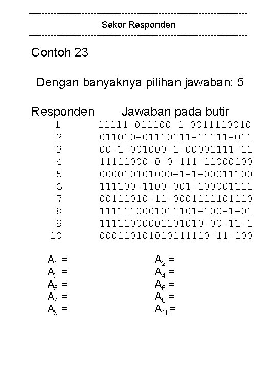 -----------------------------------Sekor Responden ------------------------------------ Contoh 23 Dengan banyaknya pilihan jawaban: 5 Responden 1 2 3