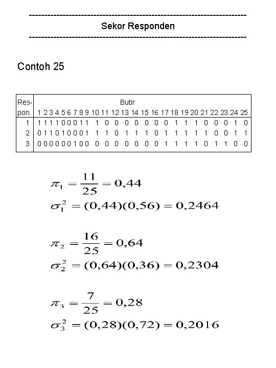 -----------------------------------Sekor Responden ------------------------------------ Contoh 25 Respon. 1 2 3 Butir 1 2 3 4