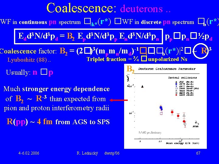 Coalescence: deuterons. . WF in continuous pn spectrum �-k*(r*) � WF in discrete pn