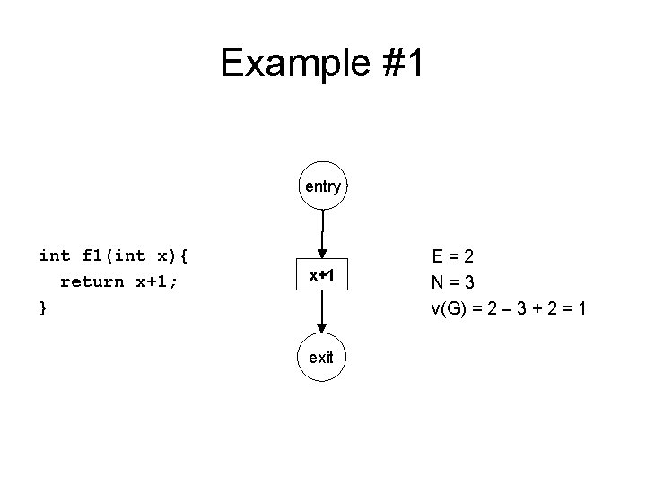 Example #1 entry int f 1(int x){ return x+1; } x+1 exit E=2 N=3