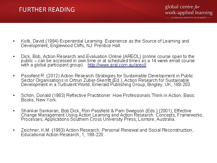 FURTHER READING • Kolb, David (1984) Experiential Learning: Experience as the Source of Learning