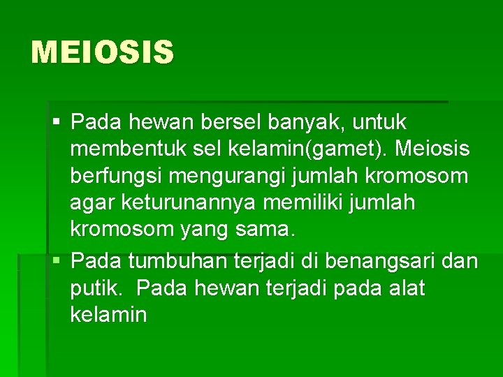 MEIOSIS § Pada hewan bersel banyak, untuk membentuk sel kelamin(gamet). Meiosis berfungsi mengurangi jumlah