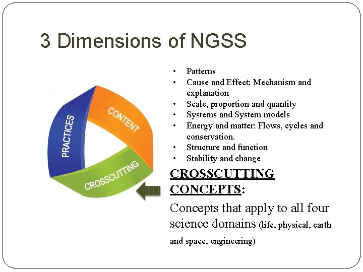 3 Dimensions of NGSS • • Patterns Cause and Effect: Mechanism and explanation Scale,