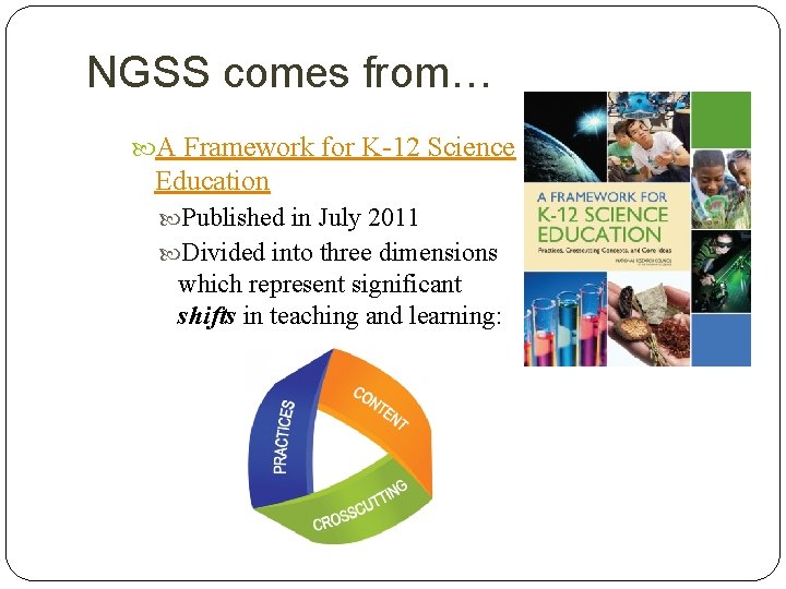 NGSS comes from… A Framework for K-12 Science Education Published in July 2011 Divided