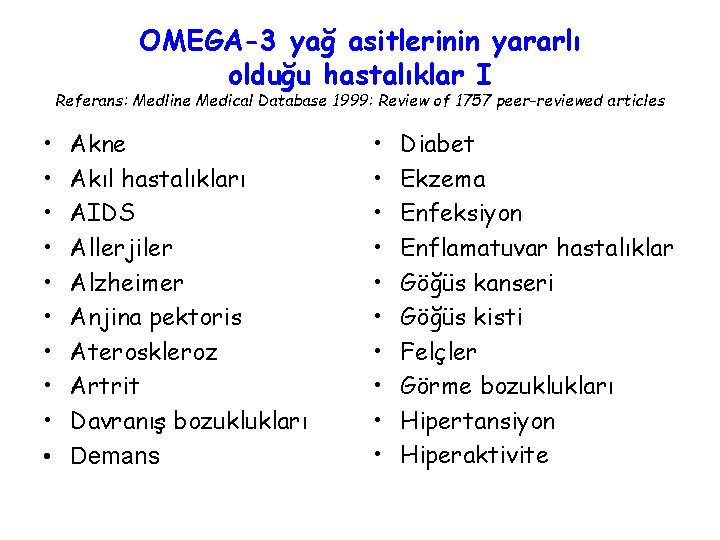 OMEGA-3 yağ asitlerinin yararlı olduğu hastalıklar I Referans: Medline Medical Database 1999: Review of