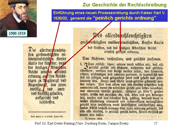 17 Zur Geschichte der Rechtschreibung Einführung eines neuen Prozessordnung durch Kaiser Karl V. 1530/32,