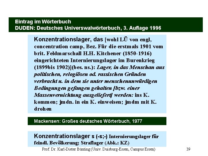 39 Eintrag im Wörterbuch DUDEN: Deutsches Universwalwörterbuch, 3. Auflage 1996 Konzentrationslager, das [wohl LÜ