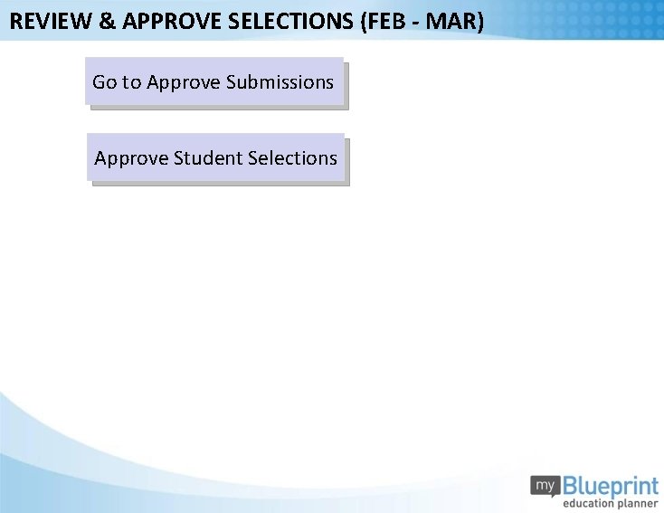 REVIEW & APPROVE SELECTIONS (FEB - MAR) Go to Approve Submissions Approve Student Selections