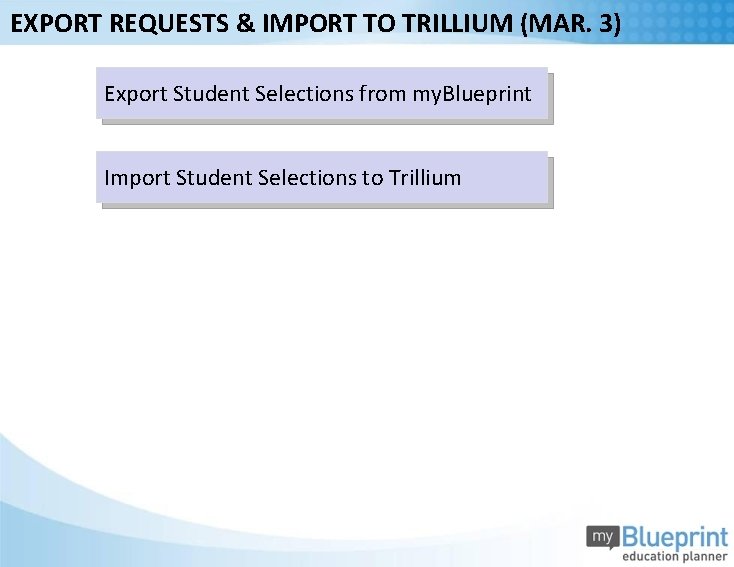 EXPORT REQUESTS & IMPORT TO TRILLIUM (MAR. 3) Export Student Selections from my. Blueprint