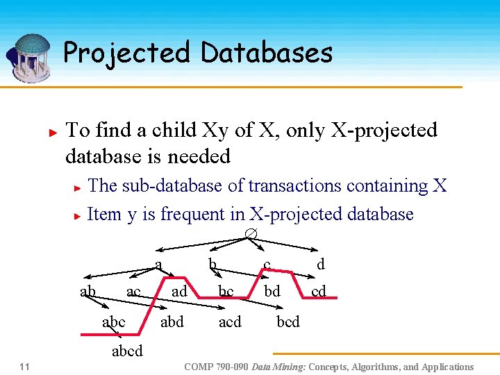 Projected Databases To find a child Xy of X, only X-projected database is needed
