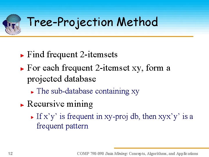 Tree-Projection Method Find frequent 2 -itemsets For each frequent 2 -itemset xy, form a