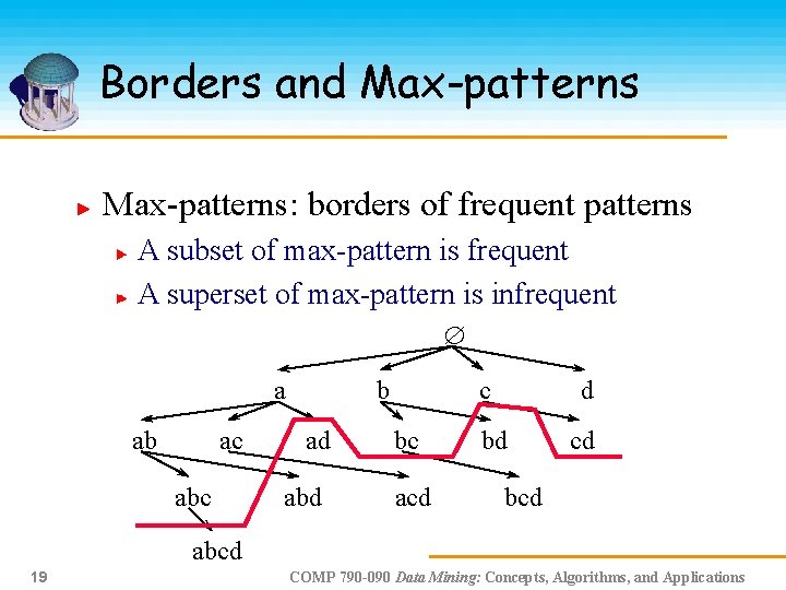 Borders and Max-patterns: borders of frequent patterns A subset of max-pattern is frequent A