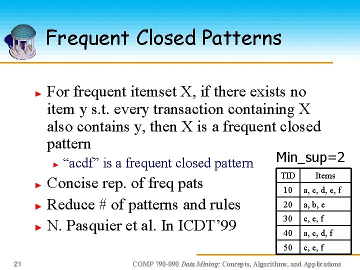 Frequent Closed Patterns For frequent itemset X, if there exists no item y s.