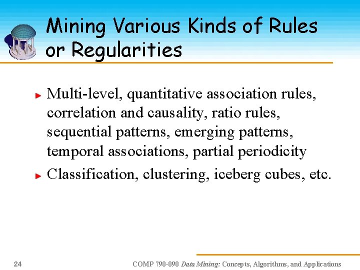 Mining Various Kinds of Rules or Regularities Multi-level, quantitative association rules, correlation and causality,