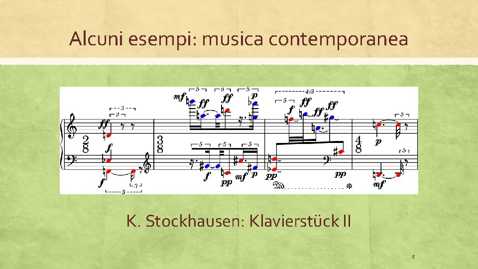 Alcuni esempi: musica contemporanea K. Stockhausen: Klavierstück II 8 