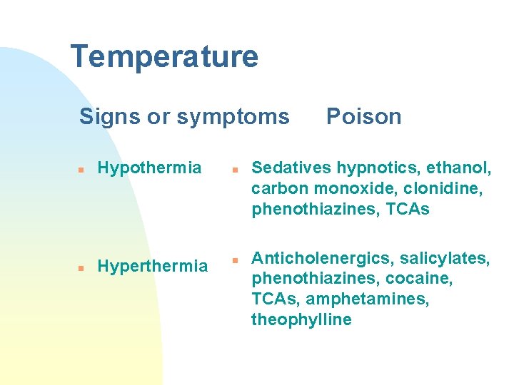 Temperature Signs or symptoms n Hypothermia n Hyperthermia n n Poison Sedatives hypnotics, ethanol,