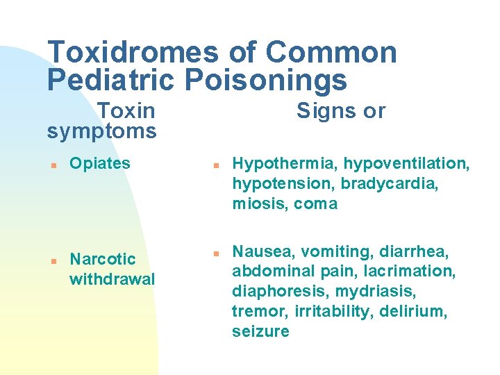 Toxidromes of Common Pediatric Poisonings Toxin symptoms n n Opiates Narcotic withdrawal Signs or