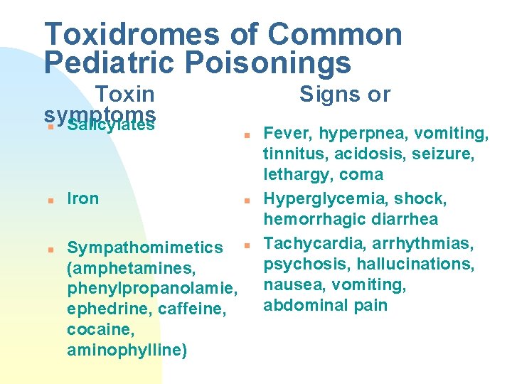 Toxidromes of Common Pediatric Poisonings Toxin symptoms Salicylates n n n Iron Sympathomimetics (amphetamines,