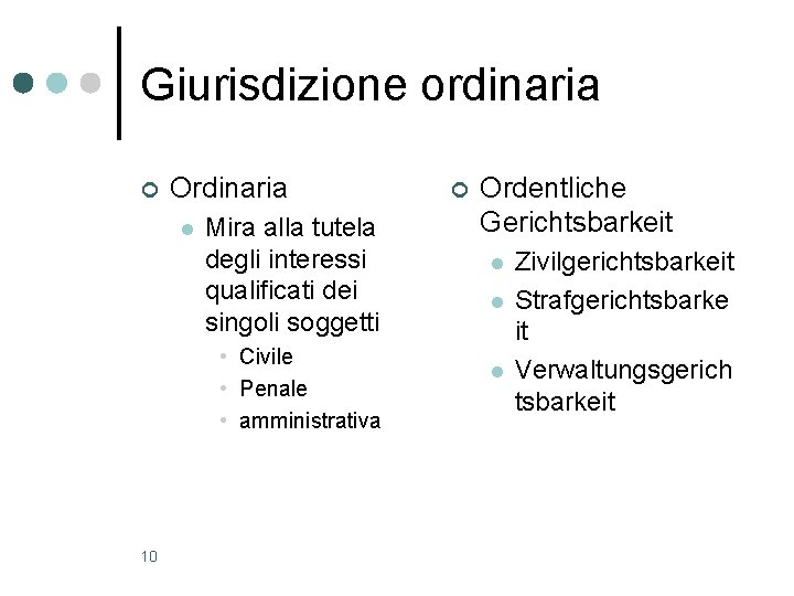 Giurisdizione ordinaria ¢ Ordinaria l Mira alla tutela degli interessi qualificati dei singoli soggetti