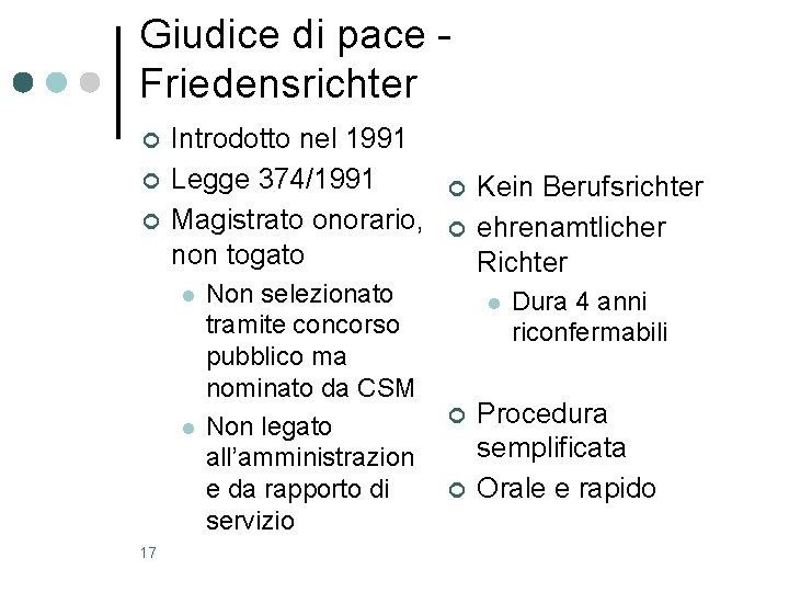Giudice di pace Friedensrichter ¢ ¢ ¢ Introdotto nel 1991 Legge 374/1991 Magistrato onorario,