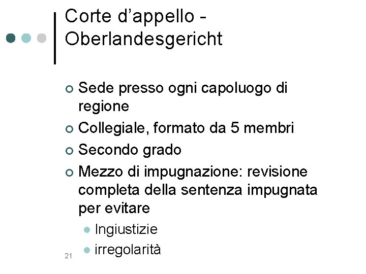 Corte d’appello Oberlandesgericht Sede presso ogni capoluogo di regione ¢ Collegiale, formato da 5