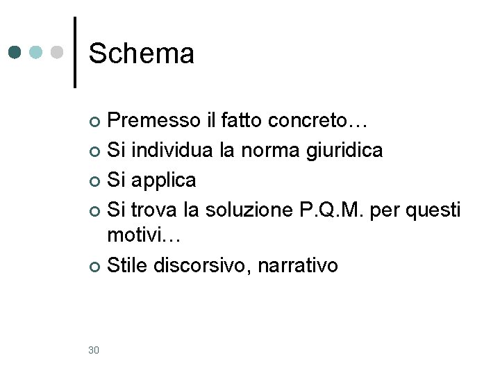 Schema Premesso il fatto concreto… ¢ Si individua la norma giuridica ¢ Si applica