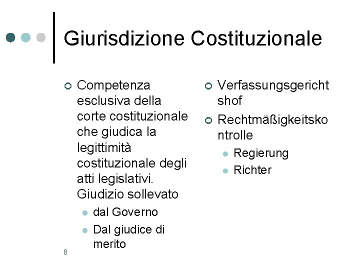 Giurisdizione Costituzionale ¢ Competenza esclusiva della corte costituzionale che giudica la legittimità costituzionale degli