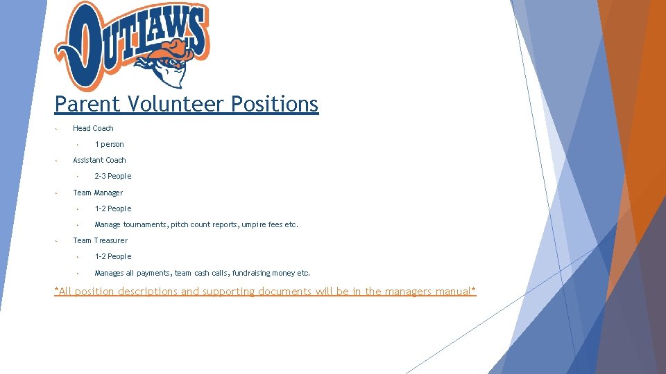 Parent Volunteer Positions • Head Coach • • Assistant Coach • • • 1