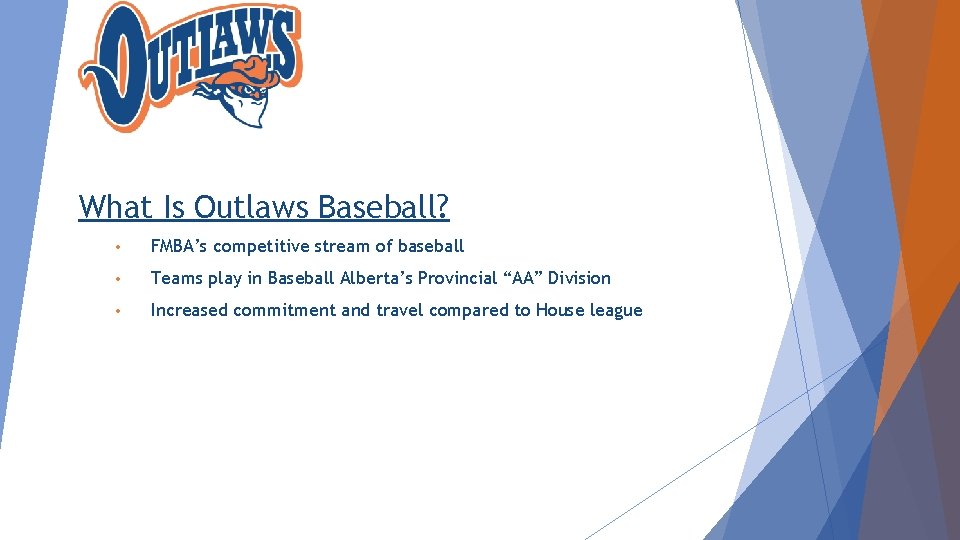 What Is Outlaws Baseball? • FMBA’s competitive stream of baseball • Teams play in