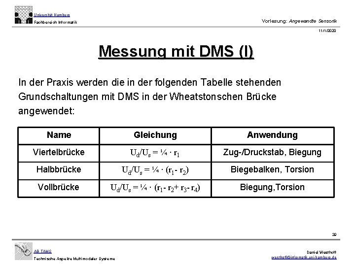 Universität Hamburg Vorlesung: Angewandte Sensorik Fachbereich Informatik 11/1/2020 Messung mit DMS (I) In der