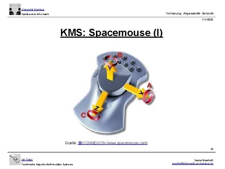 Universität Hamburg Vorlesung: Angewandte Sensorik Fachbereich Informatik 11/1/2020 KMS: Spacemouse (I) Quelle: 3 DCONNEXION